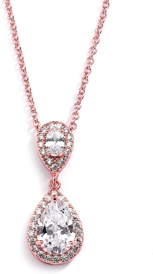 Mariell Rose Gold Cubic Zirconia Crystal Teardrop Bridal Wedding Pendant Necklace, Jewelry for Brides