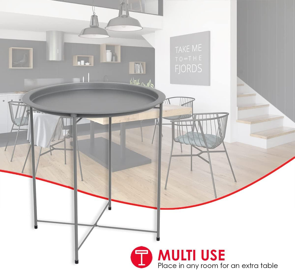 Home Basics , Matte Grey Foldable Round Multi-Purpose Metal Side Accent, Coffee, End Table for Bedroom, Living Room