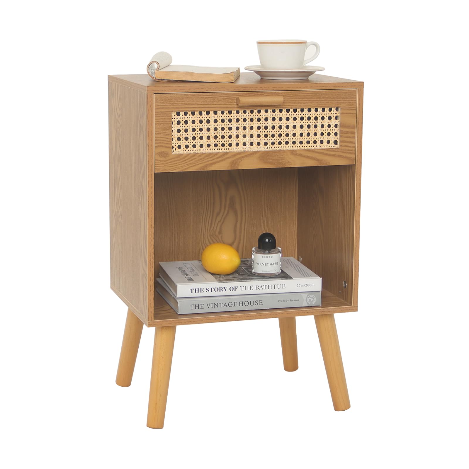 MaxSmeo End Table with Storage Mid Century Nightstand with Rattan Drawer and Shelf, Wood Small Side Coffee Table for Small Space, Living Room and Bedroom, Easy Assembly (Black)