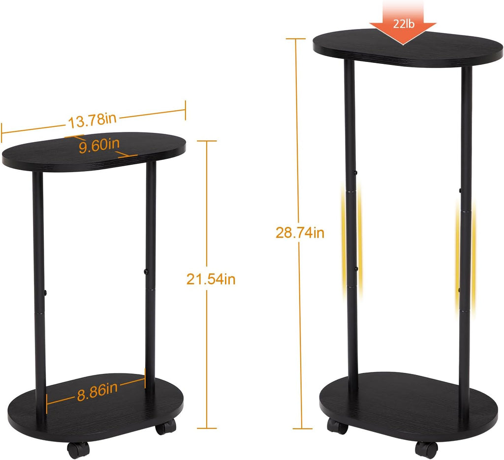 Narrow Side Table, 2-Tier Oval Drink End Table with Wheels for Living Room, Skinny Nightstand for Small Spaces, Bedroom, Bathroom, Black, HETNR01BK-1