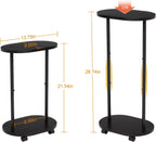 Narrow Side Table, 2-Tier Oval Drink End Table with Wheels for Living Room, Skinny Nightstand for Small Spaces, Bedroom, Bathroom, Black, HETNR01BK-1