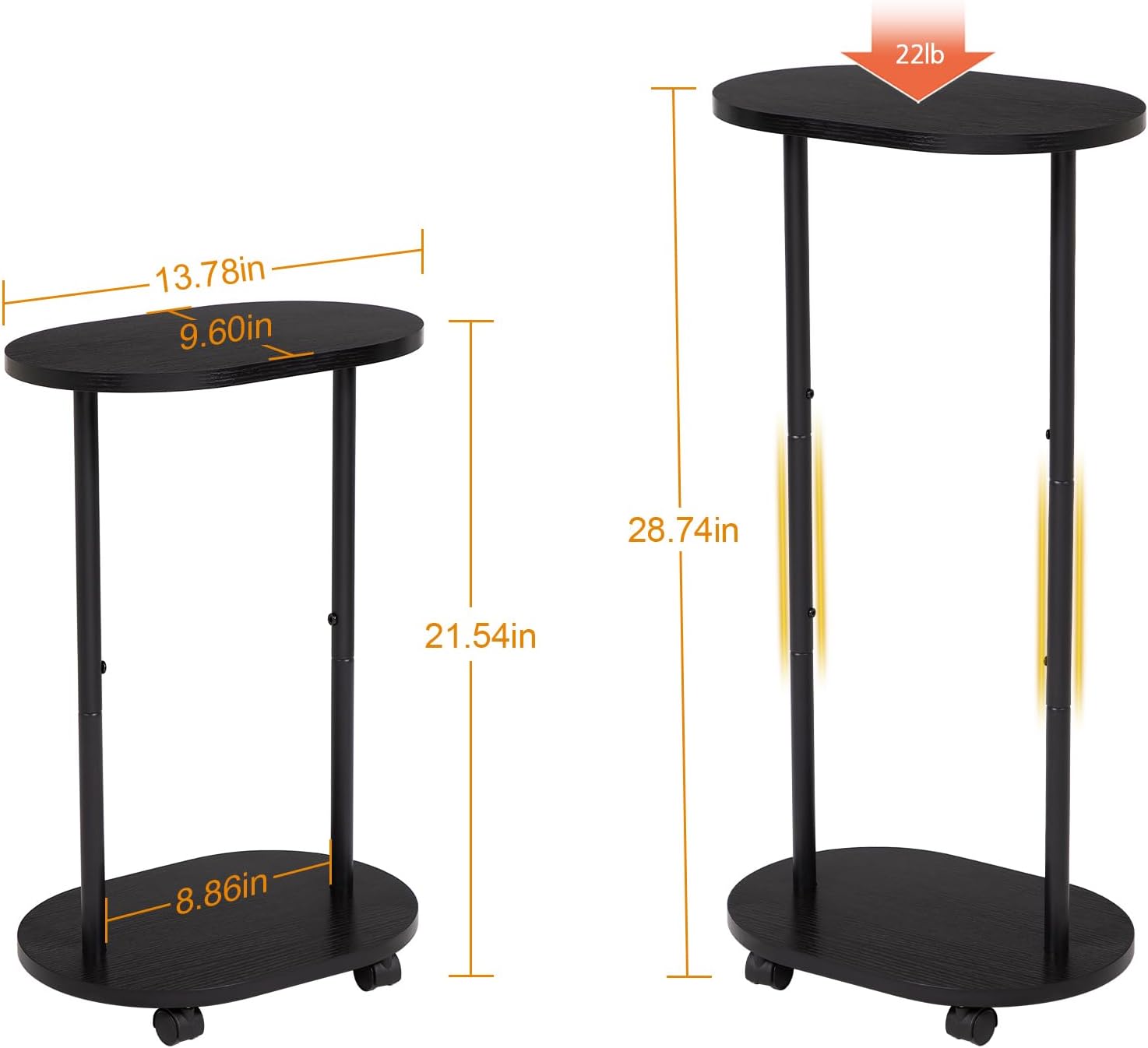 Narrow Side Table, 2-Tier Oval Drink End Table with Wheels for Living Room, Skinny Nightstand for Small Spaces, Bedroom, Bathroom, Black, HETNR01BK-1