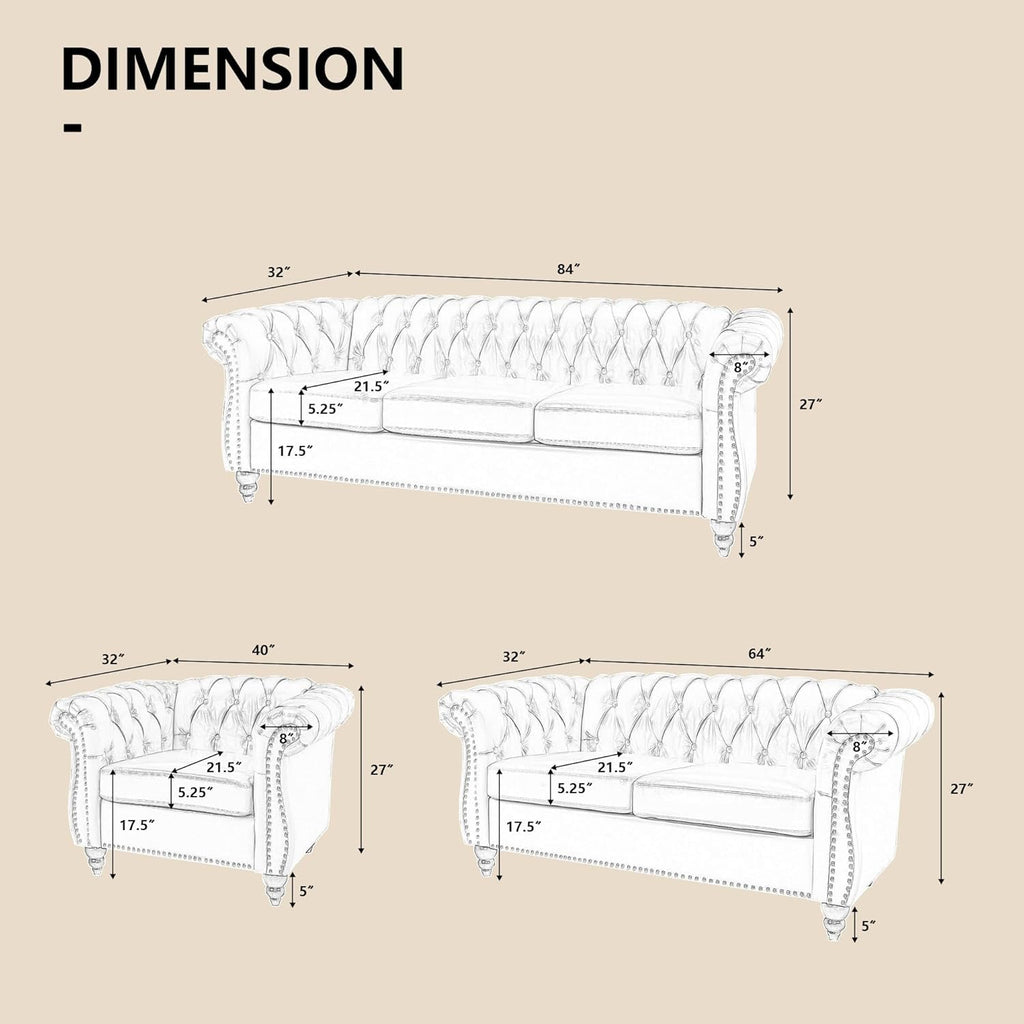 AVZEAR 3-Piece Living Room Sectional Sofa Set, Green Velvet Couch Upholstered Sofa Modern Sofa Couches Set Style Button Tufted, Velvet Chesterfield Sofa for Living Room Apartment, 1+2+3 Seat Green