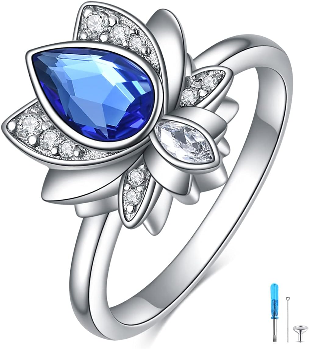 AOBOCO Lotus Urn Ring Jewelry for Ashes for Women Sterling Silver with Sapphire Blue Crystal