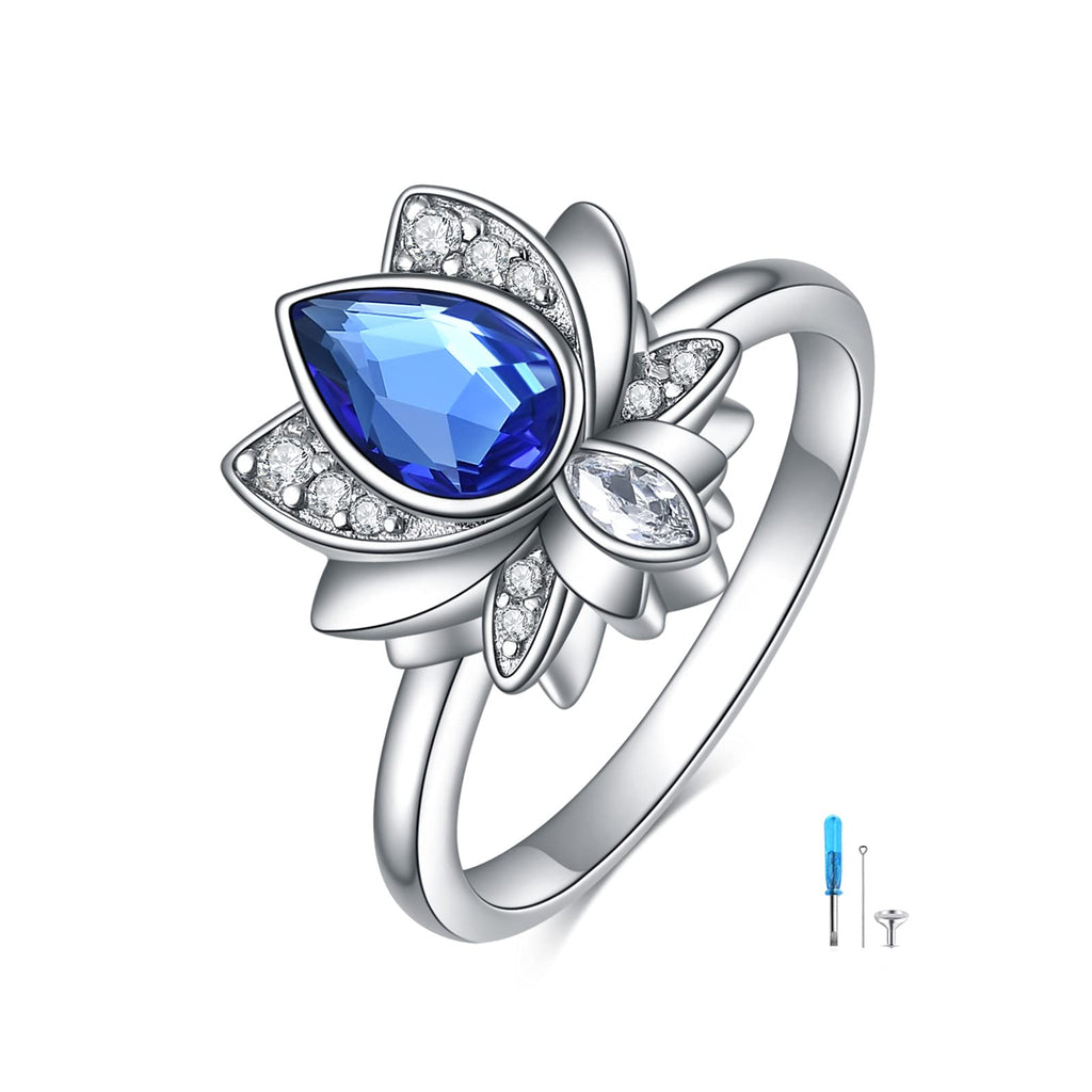 AOBOCO Lotus Urn Ring Jewelry for Ashes for Women Sterling Silver with Sapphire Blue Crystal