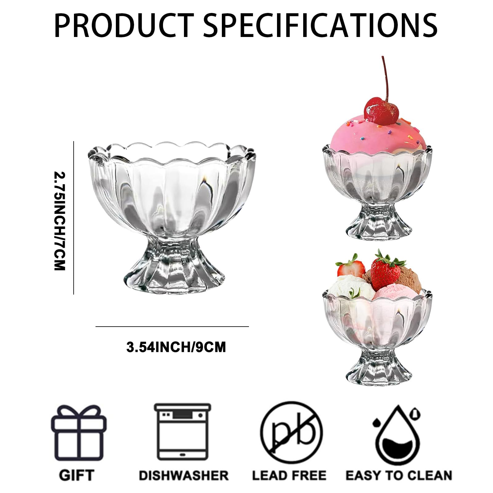 CHPINDAM Vintage Glass Dessert Bowls, Ice Cream cups, 5oz Dessert cups, for Sundae, Fruit, Ice Cream, Pudding, small snacks,Condiment (6)