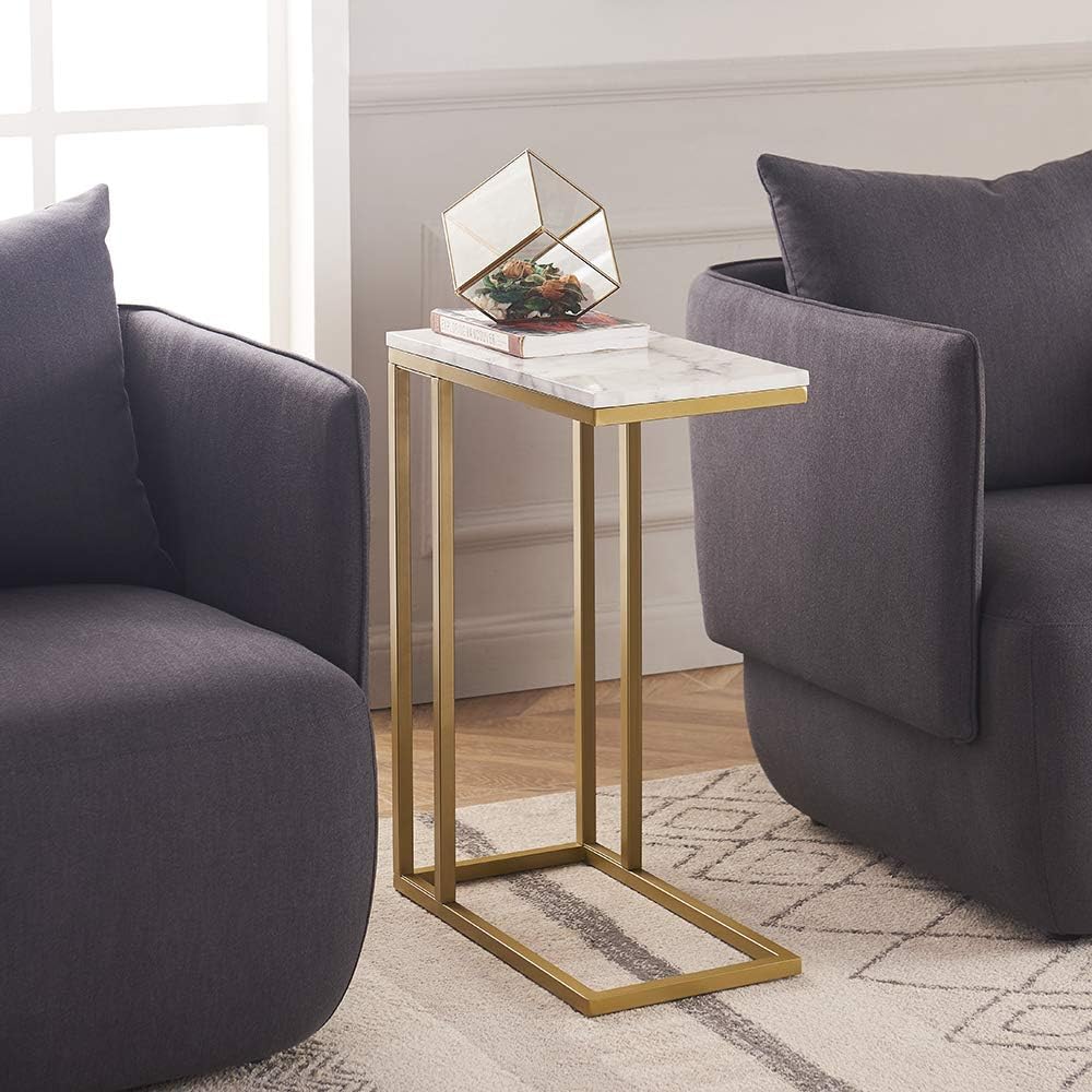 C-Shape Side End Table, Faux Marble Tray Snack Table with Metal Frame, Laptop Coffee Holder, Modern Furniture (Gold,2pcs)