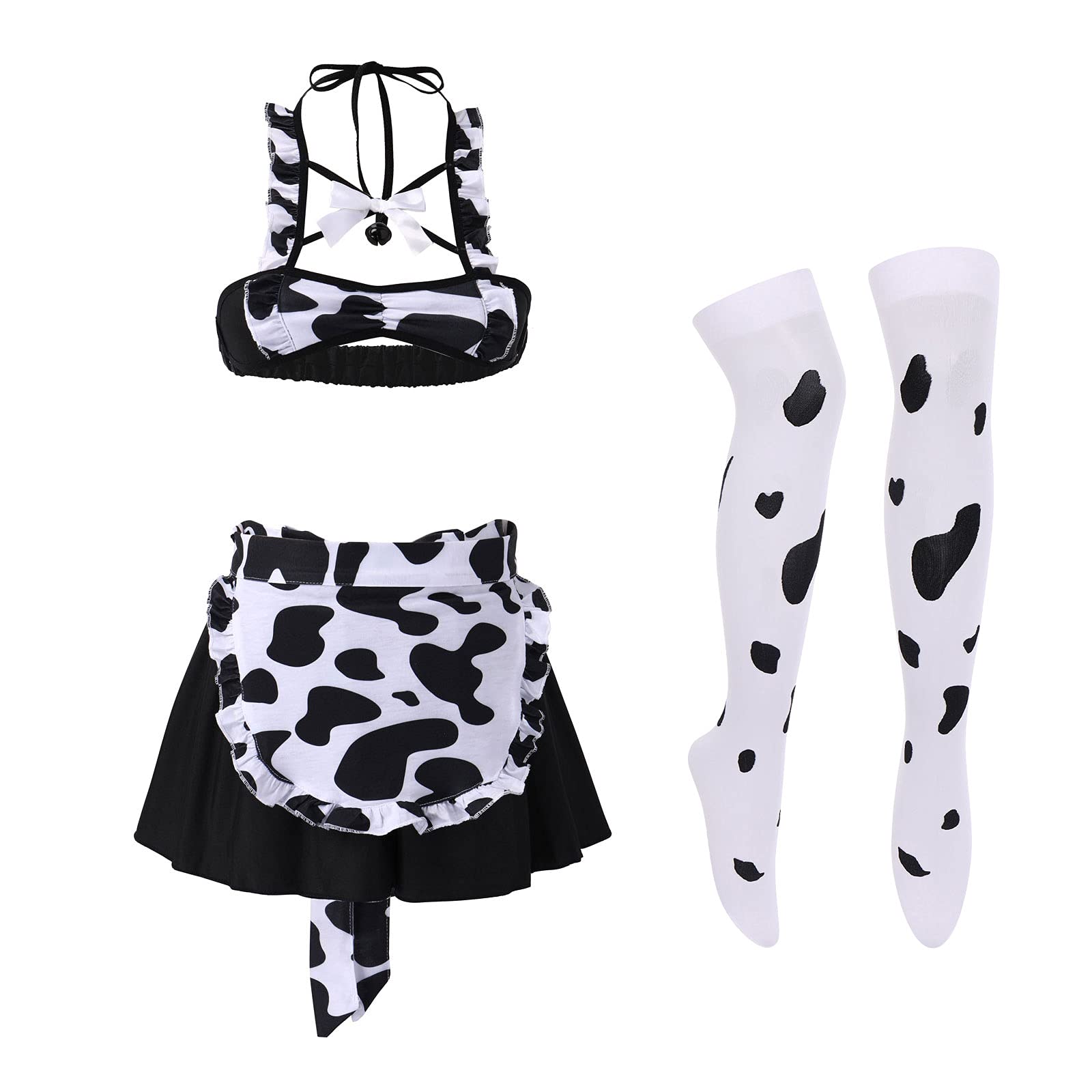 FYMNSI Women Sexy Milk Cow Lingerie Set Anime Maid Cosplay Costume Mini Bikini Bra Bodysuit with Bell Choker Stockings Outfit