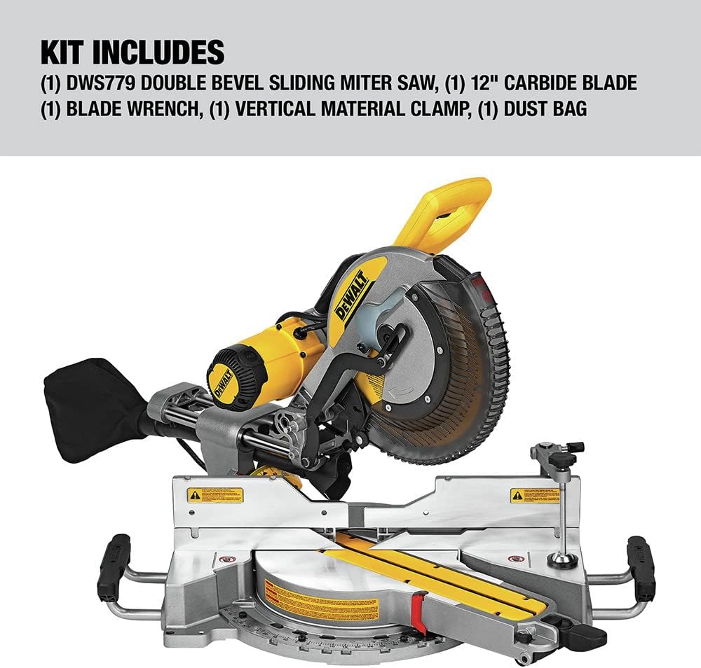 DEWALT Miter Saw, 12 Inch Double Bevel Sliding Compound Miter Saw, Blade Wrench and Material Clamp, Increased Crosscut Capacity, Powerful 3800 RPM Motor, Corded (DWS779)