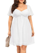 Pinup Fashion Women Plus Size Graduation Dress Bridal Shower Summer Casual Ruffle Sleeve Sweetheart White Chiffon A-Line Short Dresses
