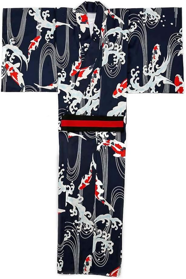 Men's Japanese Traditional Kimono Robe Long Sleeve Spa House Bathrobe Easy Wearing Yukata Sleepwear Nightgown Unisex with OBI Belt Set Navy