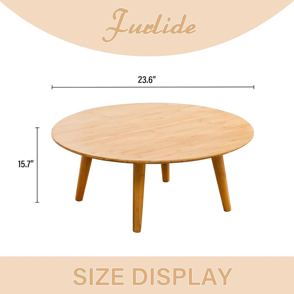 Round Bamboo Small Coffee Table, Low Japanese Style Table for Living Room, Mid Century Circle Coffee Table, 23.6'' Sofa Side End Tables for Sitting on The Floor