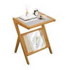 Stand Side Table Plastic Rattan Bedside Tables Glass Coffee Tables Wood Boho End Table with Storage Compact Accent Table for Small Spaces, Perfect for Living Room, Bedroom and Apartment (Brown)