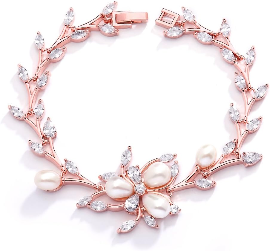 Mariell Luxury Blush Rose Gold Cubic Zirconia Crystal & Genuine Freshwater Pearl Wedding Bridal Bracelet