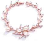 Mariell Luxury Blush Rose Gold Cubic Zirconia Crystal & Genuine Freshwater Pearl Wedding Bridal Bracelet