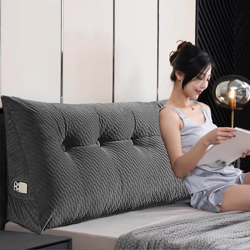 QINFFRRMI Velvet Triangular Wedge Pillow, Removable Cover Headboard Pillow for Daybed, Backrest Positioning Support Pillow Cushion Resting Reading Relaxing(Beige,Twin(39 * 20 * 8in))
