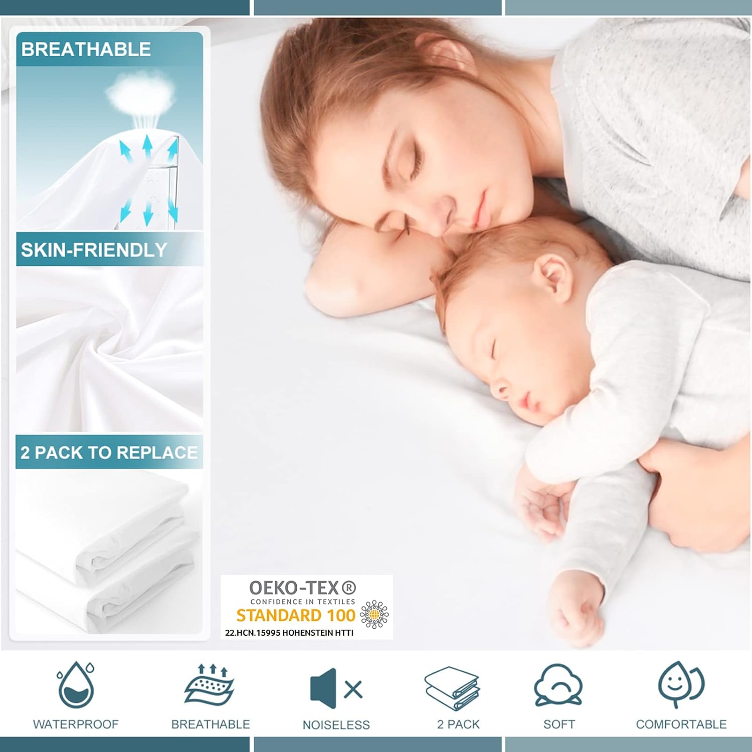 2 Pack Twin Waterproof Mattress Protector Deep Pocket Mattress Cover, Soft Breathable Mattress Pad, Fitted Noiseless Waterproof Bed Cover Stretch to 19"