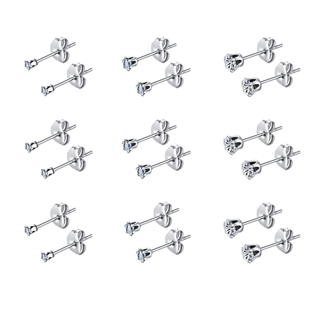 6-10 Pairs Tiny Women's Stainless Steel Round Clear Cubic Zirconia Stud Earrings, Hypoallergenic Surgical Steel Earrings Set, 2mm 3mm 4mm CZ,