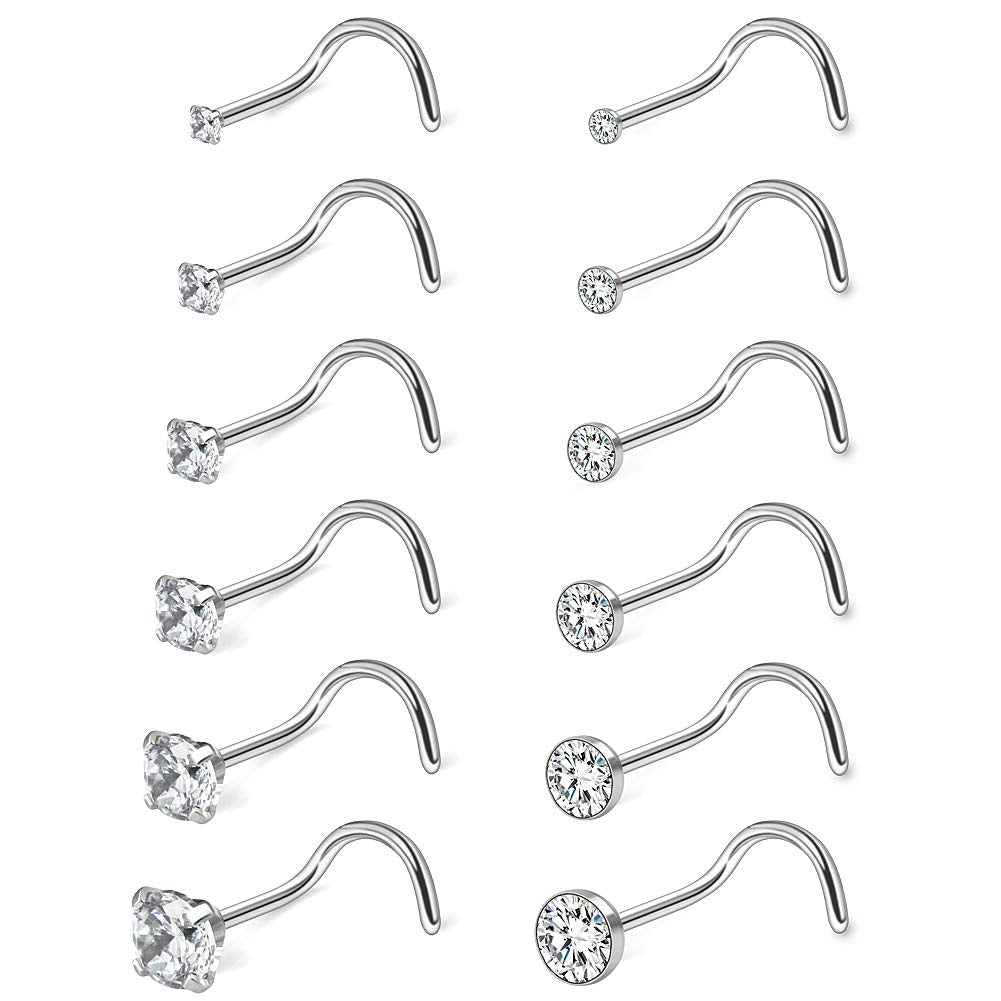 Ruifan 18G 1.5mm 2mm 2.5mm 3mm 3.5mm 4mm Round Diamond CZ Nose Screw Studs Rings Piercing Jewelry 4-12PCS