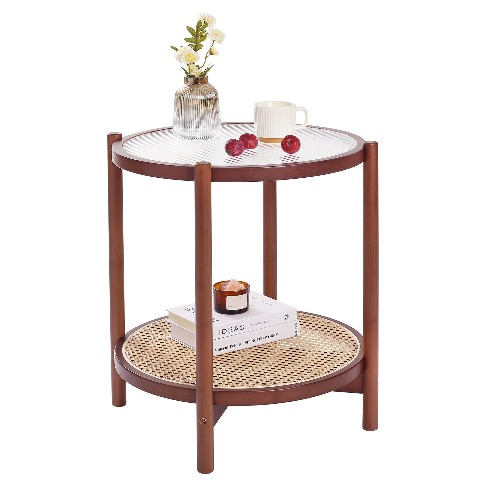 Tiita 2 Pack Round End Table Mental Side Table Nightstand/Small Wood Tables Accent Coffee Table with Wooden Tray for Living Room Bedroom Office Small Space