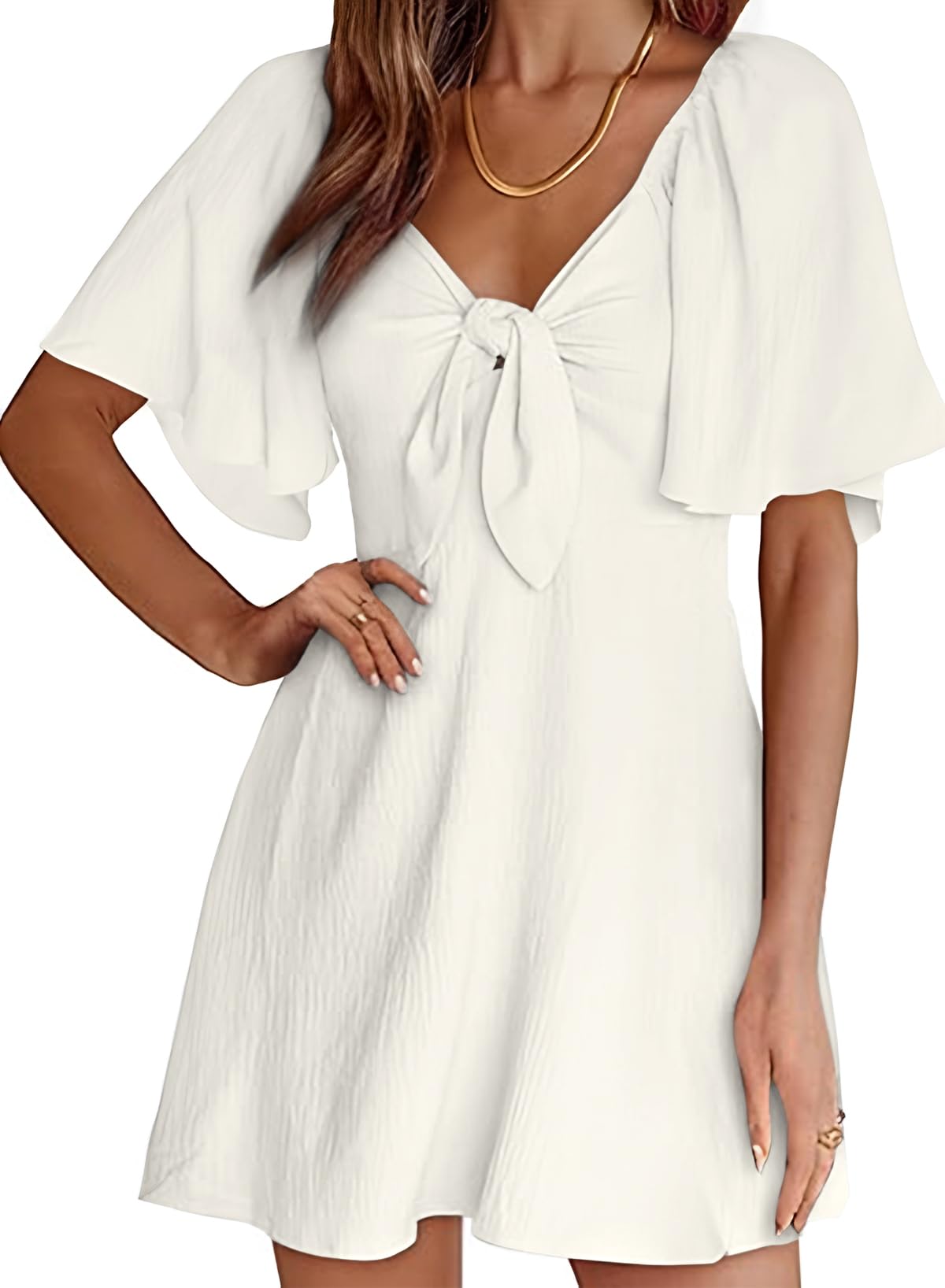 Dokotoo Summer Holiday Dresses for Women 2024 Casual Party Wedding Guest Fall Sexy V-Neck Drawstring Cap Sleeve Elegant Short Beach Dresses Fashion Outfits Mini Dress White