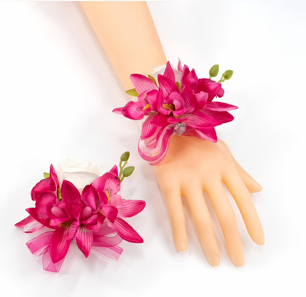 Abbie Home Prom Corsage Boutonniere Set Fuchsia Orchid Rose Lily Pin Wrist Hand Dress Suit Flower for Wedding Party (Fuchsia)
