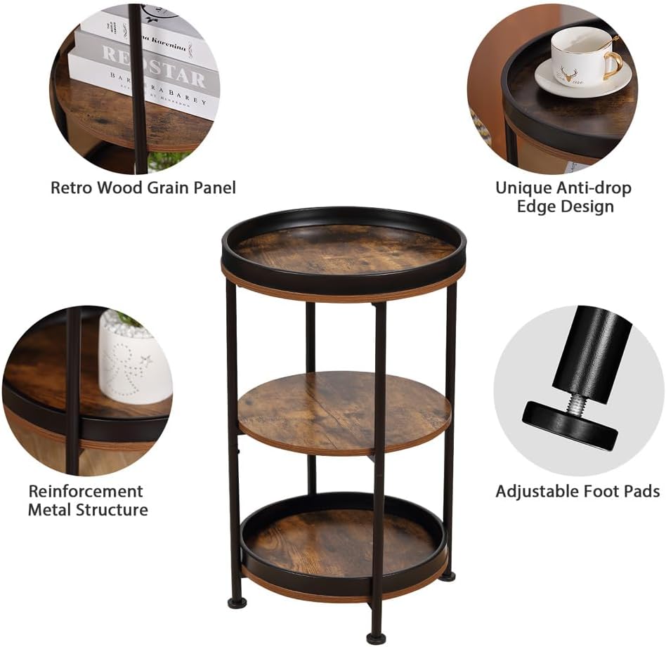 Dulcii Side Table, Round End Table with 3 Storage Shelves for Living Room, Bedroom, Nightstand with Steel Frame for Small Spaces, Industrial Round Sofa Table, Outdoor Accent Coffee Table, Rustic Brown