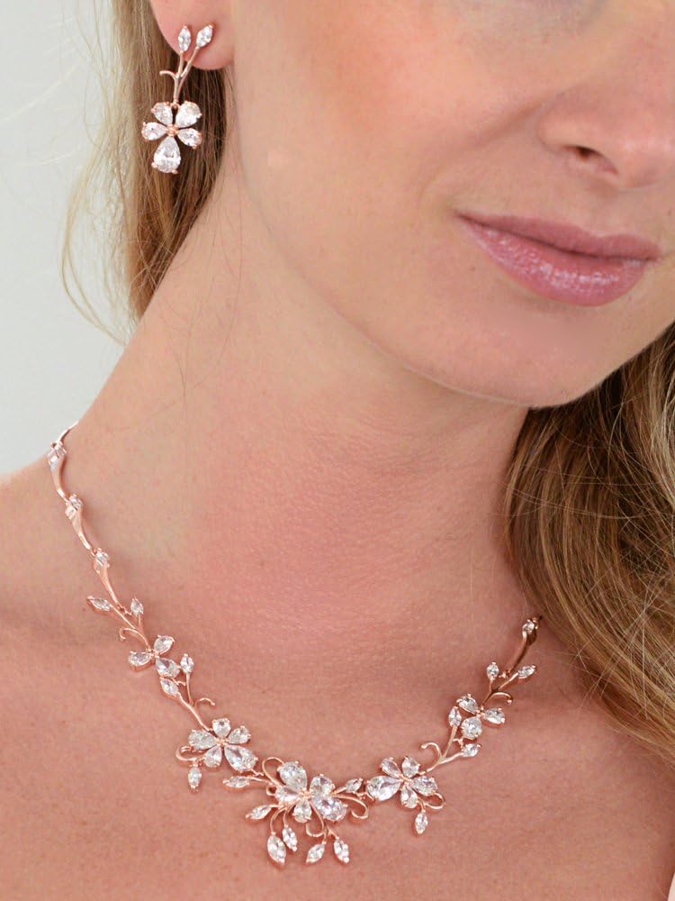 Mariell Elegant Cubic Zirconia Crystal Floral Vine Rose Gold Necklace and Earrings Set, Blush Gold CZ Jewelry Set for Weddings, Brides & Formals