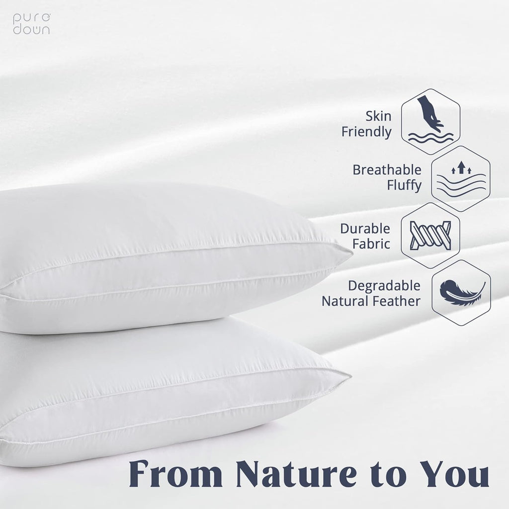 puredown® Goose Feathers and Down White Pillows with 100% Cotton Cover, Bed Sleeping Hotel Collection Pillows Set of 2, Standard Size