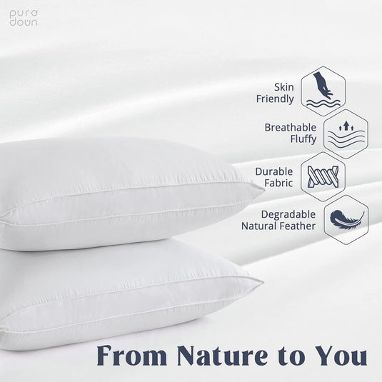 puredown® Goose Feathers and Down White Pillows with 100% Cotton Cover, Bed Sleeping Hotel Collection Pillows Set of 2, Standard Size