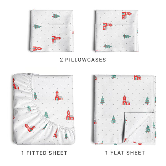 Queen Christmas Tree Sheet Set - Holiday Xmas Pattern Linen Set - Deep Pockets - Snug Fit - 4 Piece - Wrinkle Free - Comfy & Cooling Festive Winter Bedding - Easy To Care For - Kid Friendly