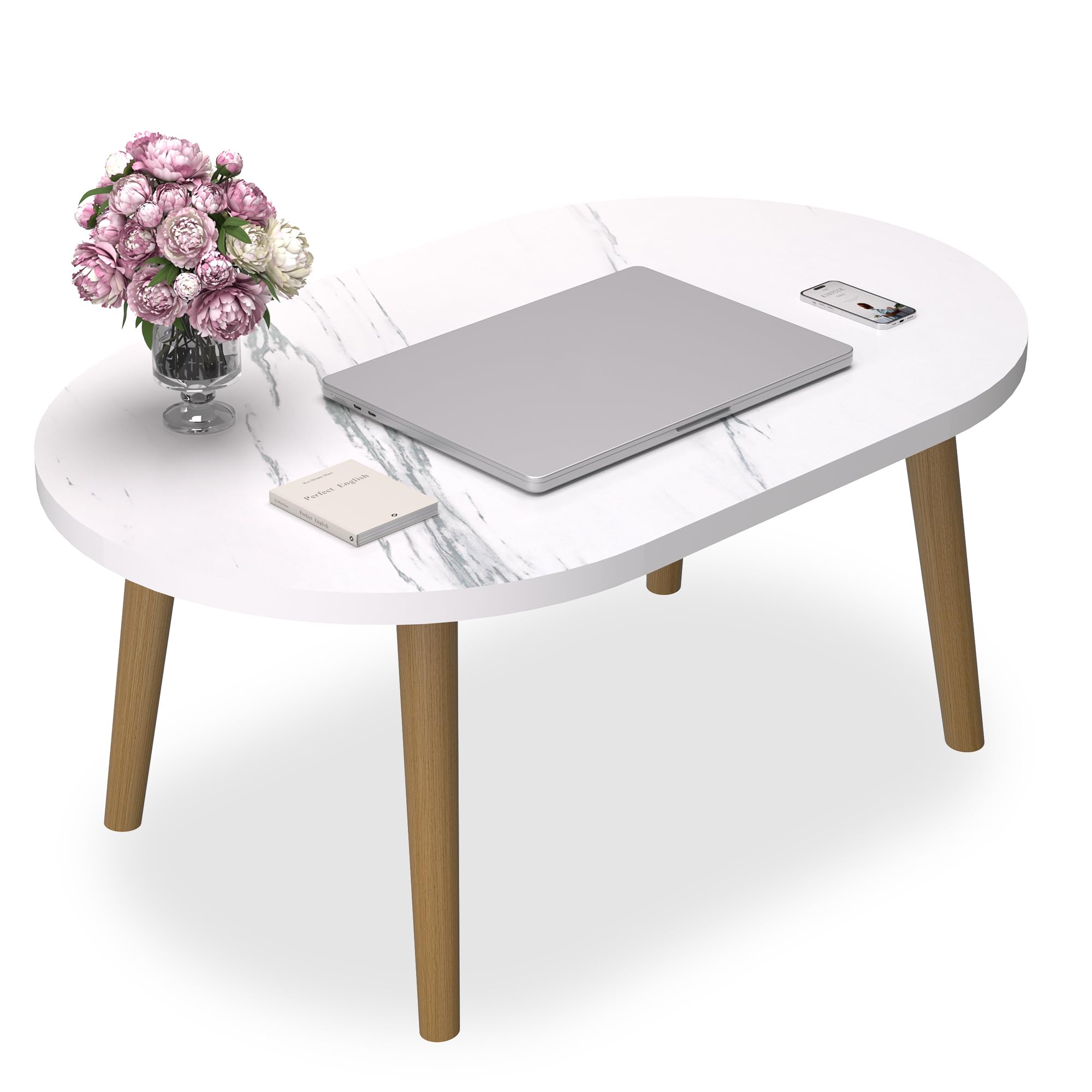 Small Coffee Table for Small Space, Low Table, Floor Table Desk for Sitting on The Floor, Japanese Coffee Table for Living Room, Tatami Tea Tables with Solid Wood Legs, Oval Coffee Tables, Brown