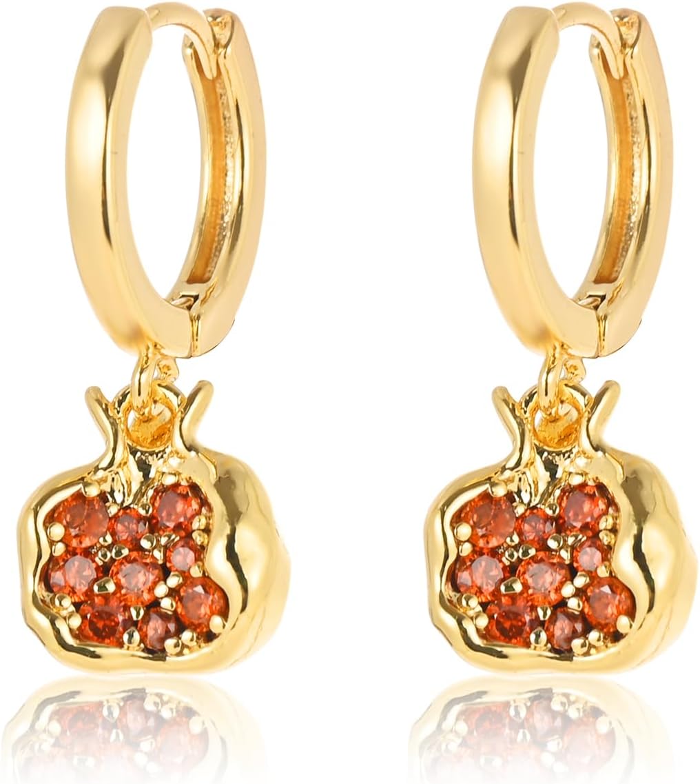 Pomegranate Earrings Necklace for Women 18k Gold Plated Cubic Zirconia Inlay Red Pomegranate Pendant Necklace Gold Hoop Earrings Jewelry Set