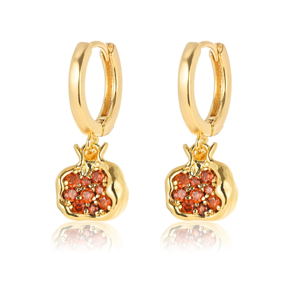 Pomegranate Earrings Necklace for Women 18k Gold Plated Cubic Zirconia Inlay Red Pomegranate Pendant Necklace Gold Hoop Earrings Jewelry Set