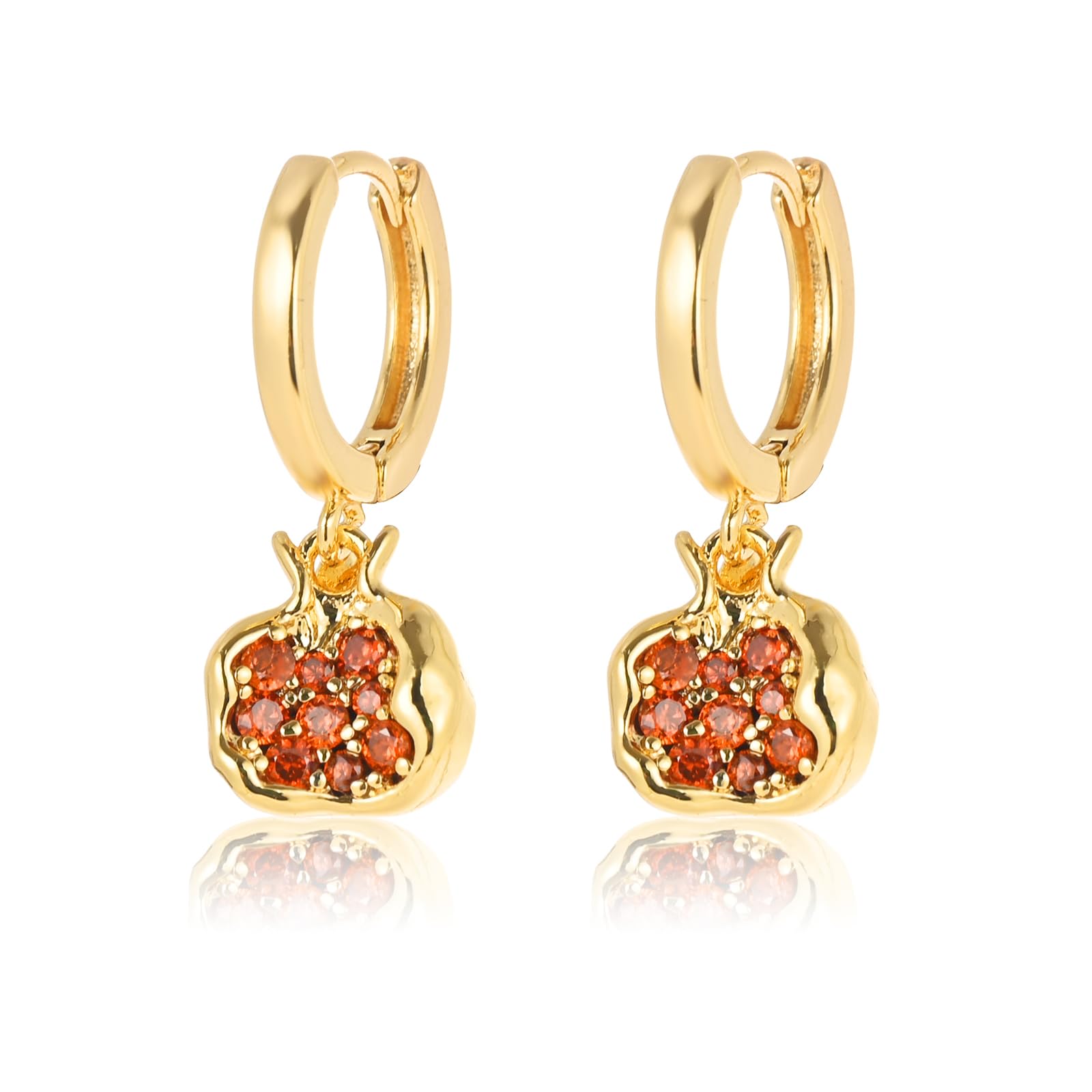 Pomegranate Earrings Necklace for Women 18k Gold Plated Cubic Zirconia Inlay Red Pomegranate Pendant Necklace Gold Hoop Earrings Jewelry Set