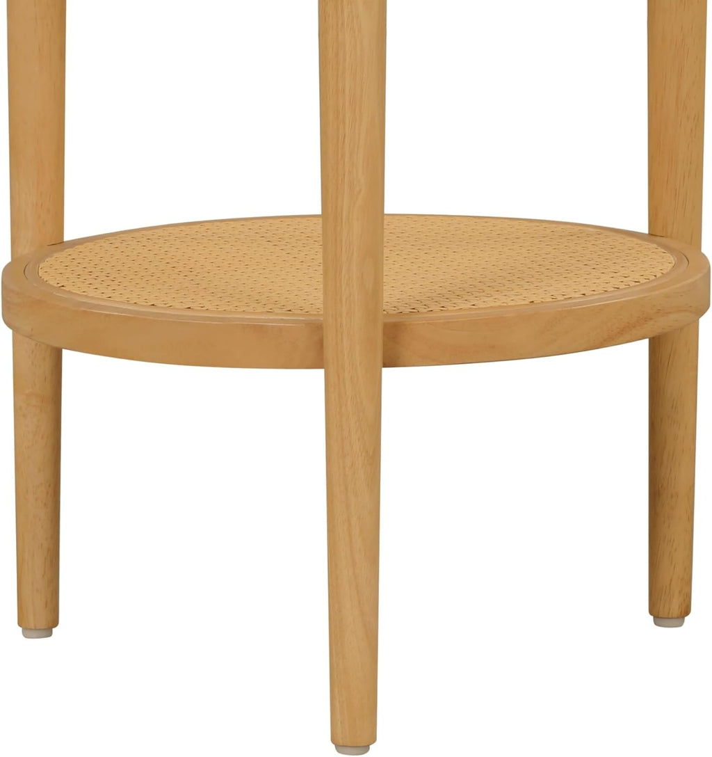 Nathan James Sonia Boho Round Accent End Table, Natural Sofa Side Table in Light Wood with Rattan Storage Shelf for Living Room, Bedroom or Nursery, Light Brown