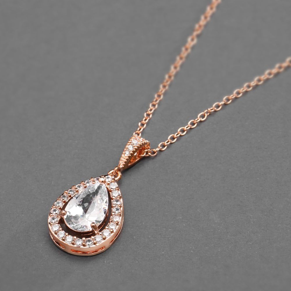 Mariell Rose Gold Cubic Zirconia Crystal Bridal Necklace, Teardrop Pendant Wedding Prom Jewelry Gift