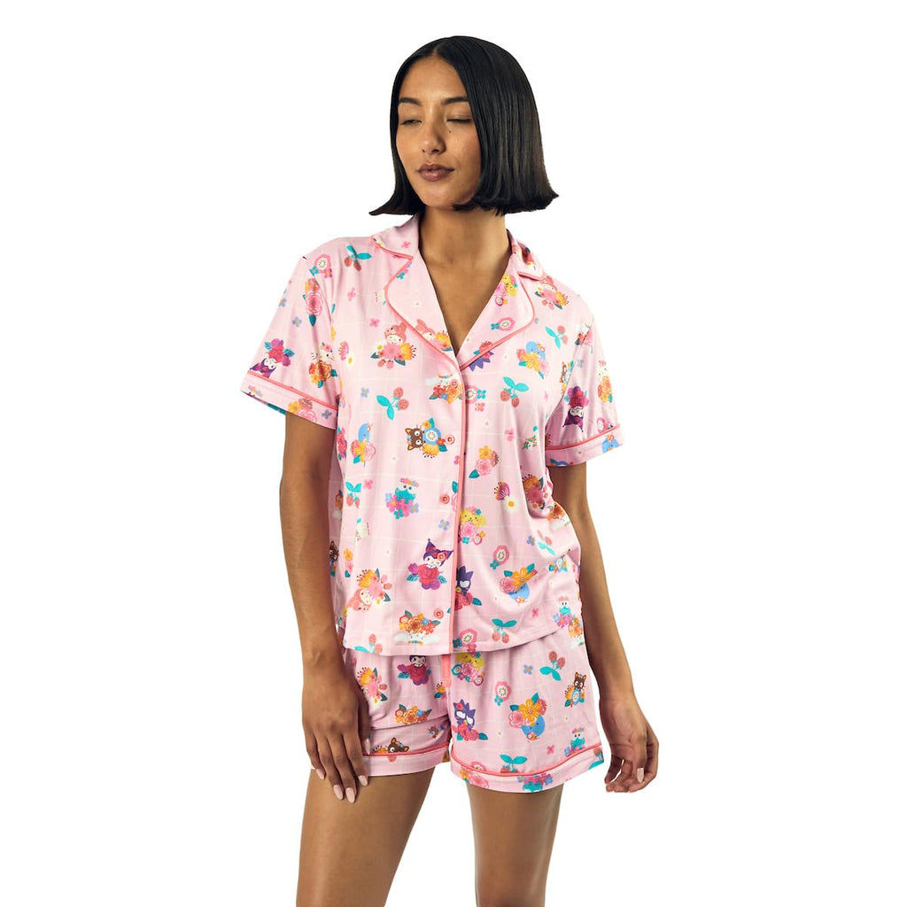 Bioworld Hello Kitty & Friends Floral Character Print Women's Pink Sleep Shirt & Shorts Set-Small
