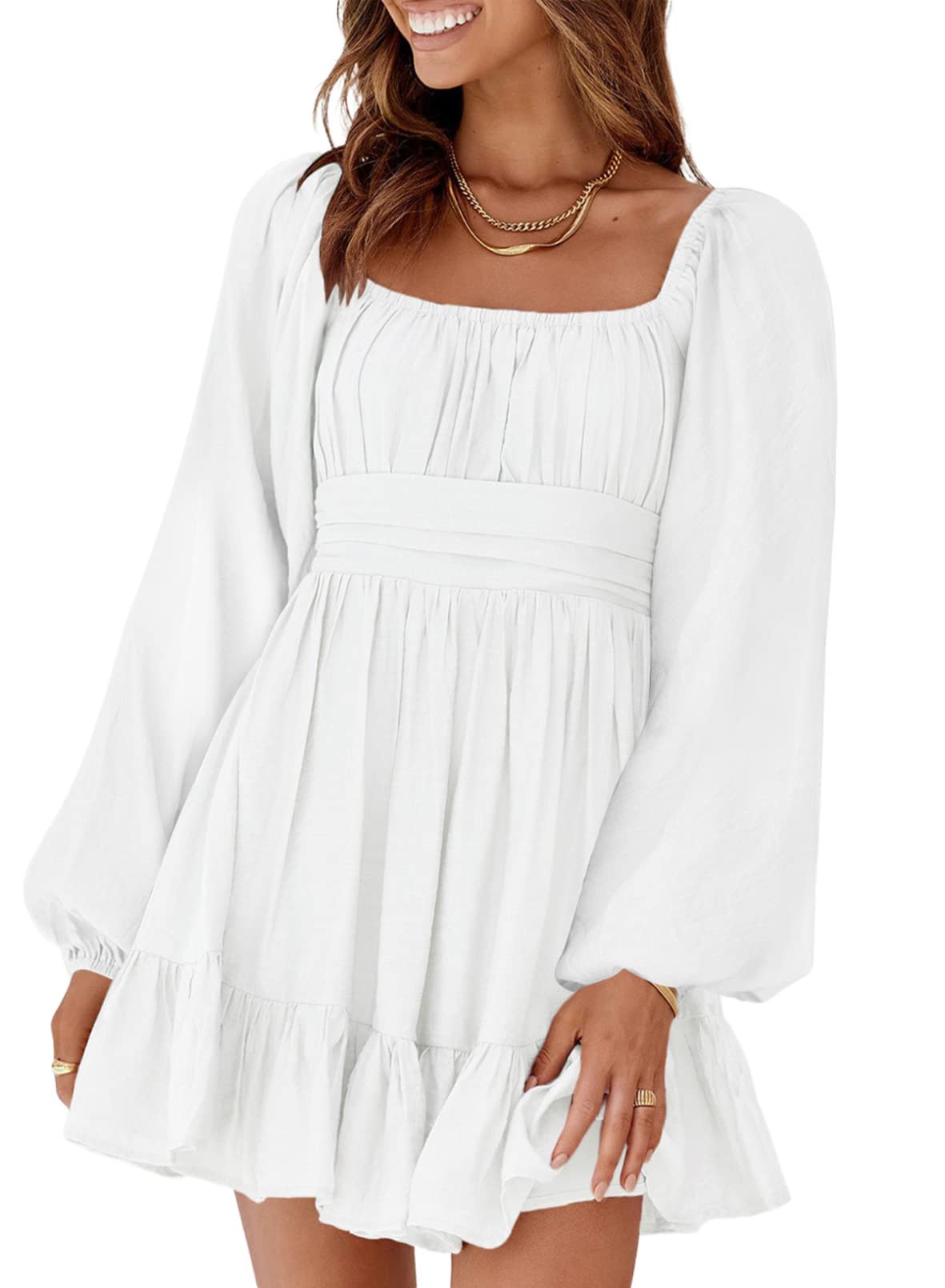 Dokotoo Womens Summer Dress Square Neck Tie Back Fall Clothes Lantern Long Sleeve White Dress Ruffle A-Line Plus Size Dress Shirred Elastic Waist Casual Mini Dress XX-Large