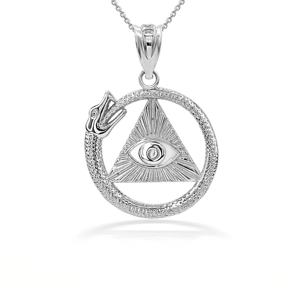 Claddagh Gold Solid .925 Sterling Silver Ouroboros Snake The eye Of Horus/Ra All Seeing Eye Pendant Necklace - Choose Pendant Only or Necklace w/ 16”-22” Chain