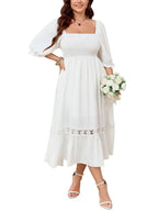 SCOMCHIC Women's Plus Size Maxi Dress Short Sleeve Square Neck Smocked Flowy A-Line Lace Trim Boho Wedding Guest Dresses White