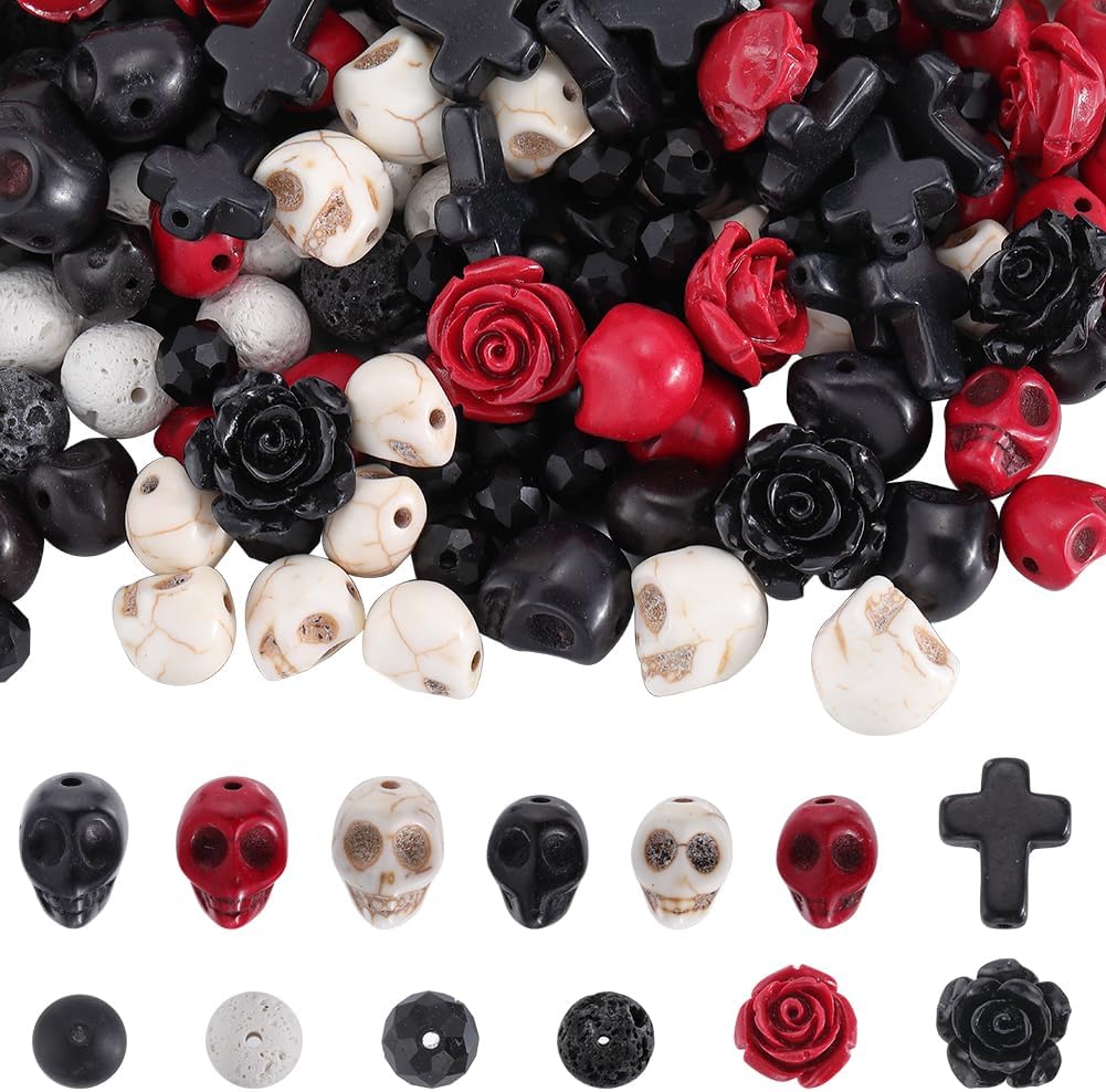 SUNNYCLUE 203Pcs Halloween Skull Beads Skeleton Charms Bulk Natural Lava Rock Synthetic Turquoise Black Stone Cross Flower Rose Spacer Beads for Jewelry Making Bracelets Necklaces DIY Crafts