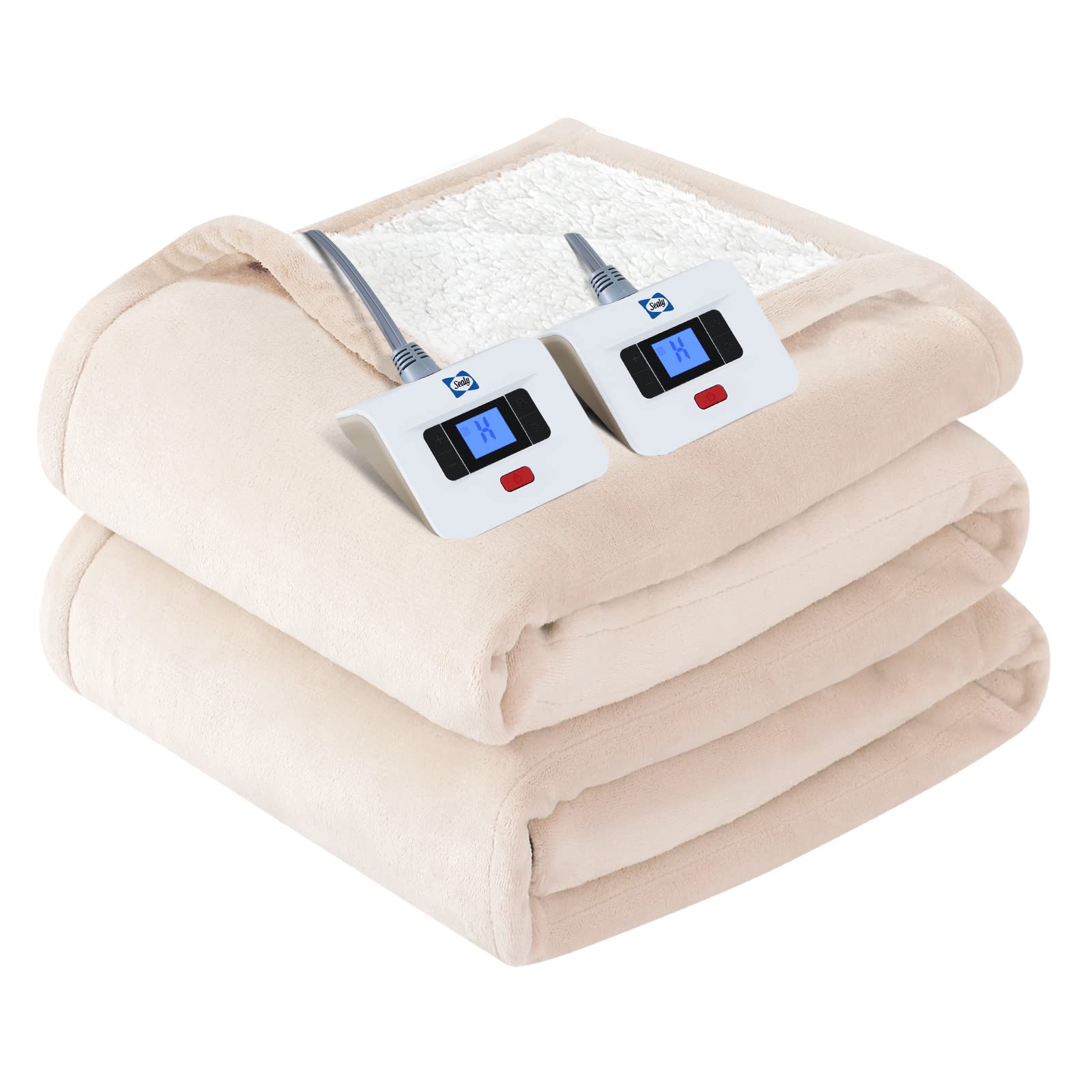 Sealy Electric Blanket Queen Size, Flannel & Sherpa Heated Blanket with 10 Heat Setting & 1-12 Hour Auto Shut Off, Fast Heating Blanket, Machine Washable, Beige, 84 x 90 Inch