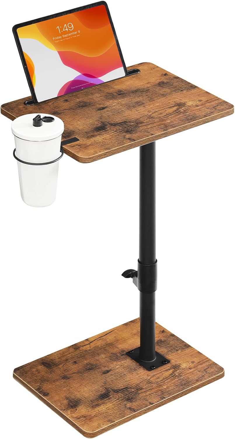HOOBRO TV Tray Table, 360° Swivel Side Table Sofa Armrest Tray for Couch, Height Adjustable C Shaped End Table, Snack Desk with Cup Holder, for Small Spaces, Rustic Brown and Black BF234BZ01