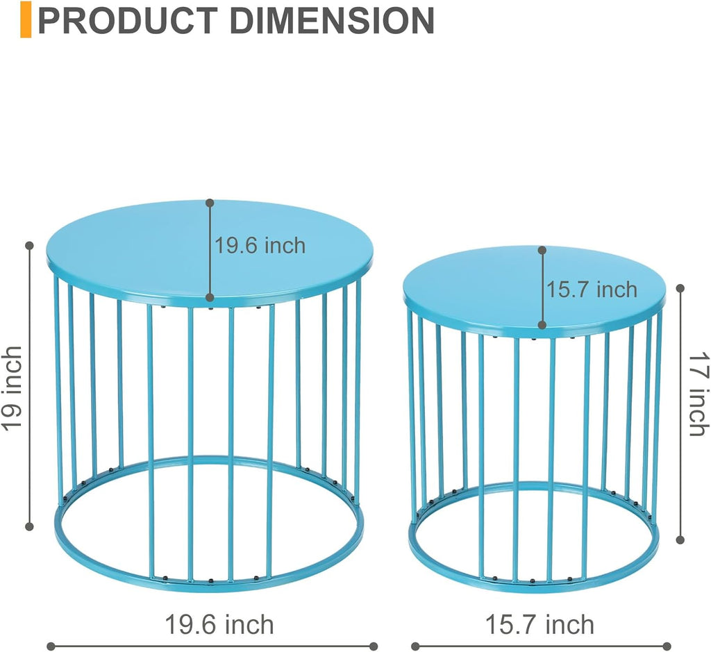 LEWIS&WAYNE Outdoor Side Table Set of 2, Metal Circle Accent End Tables for Balcony Backyard Garden Indoor Living Room, Durable Blue Nesting Coffee Tables, 20”+16” Dia