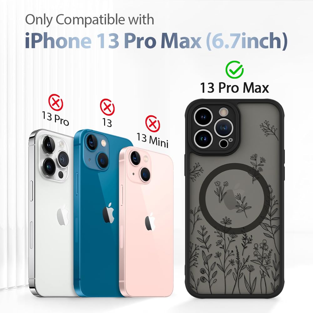 AIGOMARA Magnetic Case for iPhone 13 Pro Max [Compatible with MagSafe] Cute Black Flower Floral Case for Women Girls Soft TPU Bumper Hard PC Back Anti-Fall Shockproof Protective Slim Cover