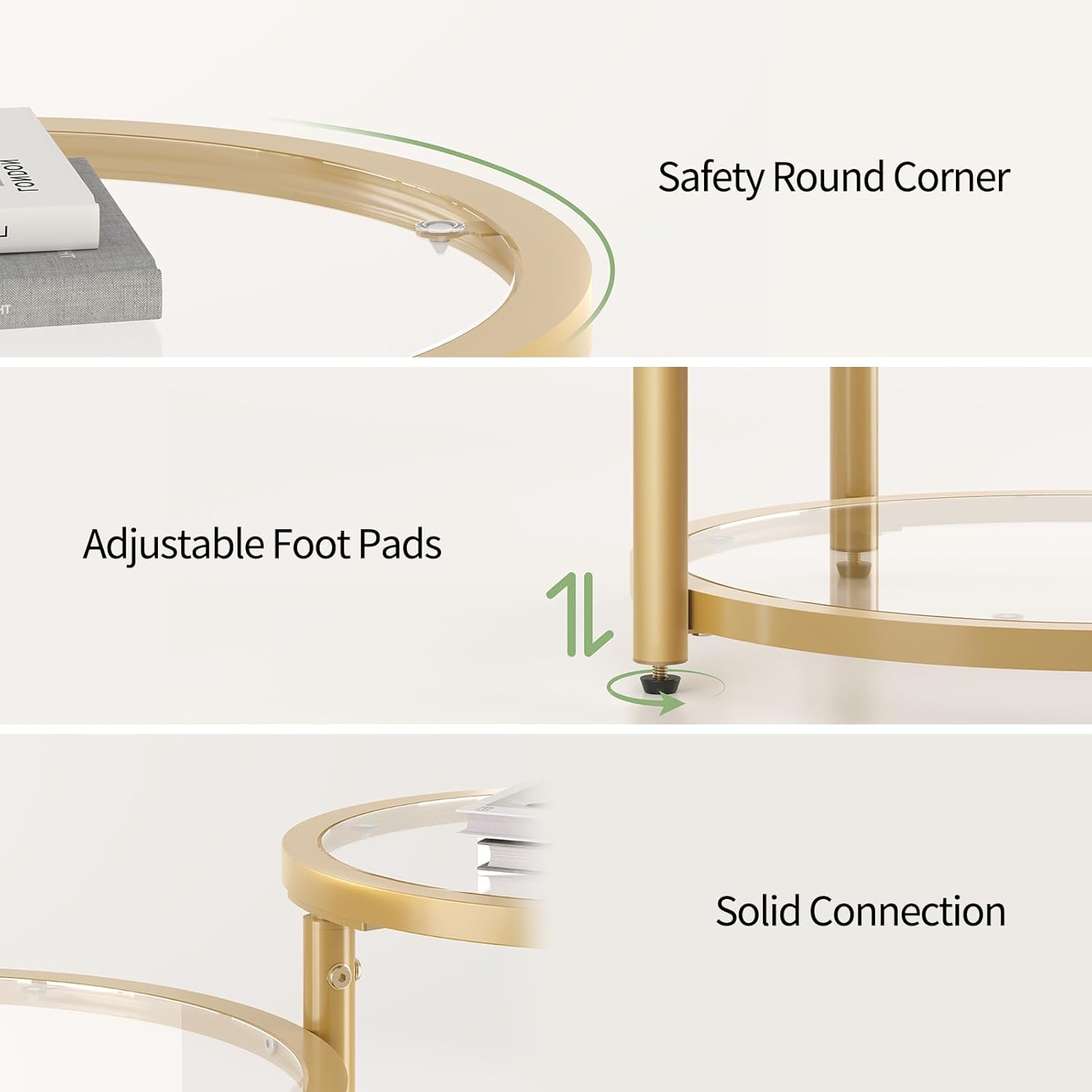 Round Glass Coffee Table - 4 Tier Coffee Tables for Living Room with Rotating Top, Circle Coffee Table with Storage, Modern Clear Center Table with Metal Frame for Small Space, Office, Gold