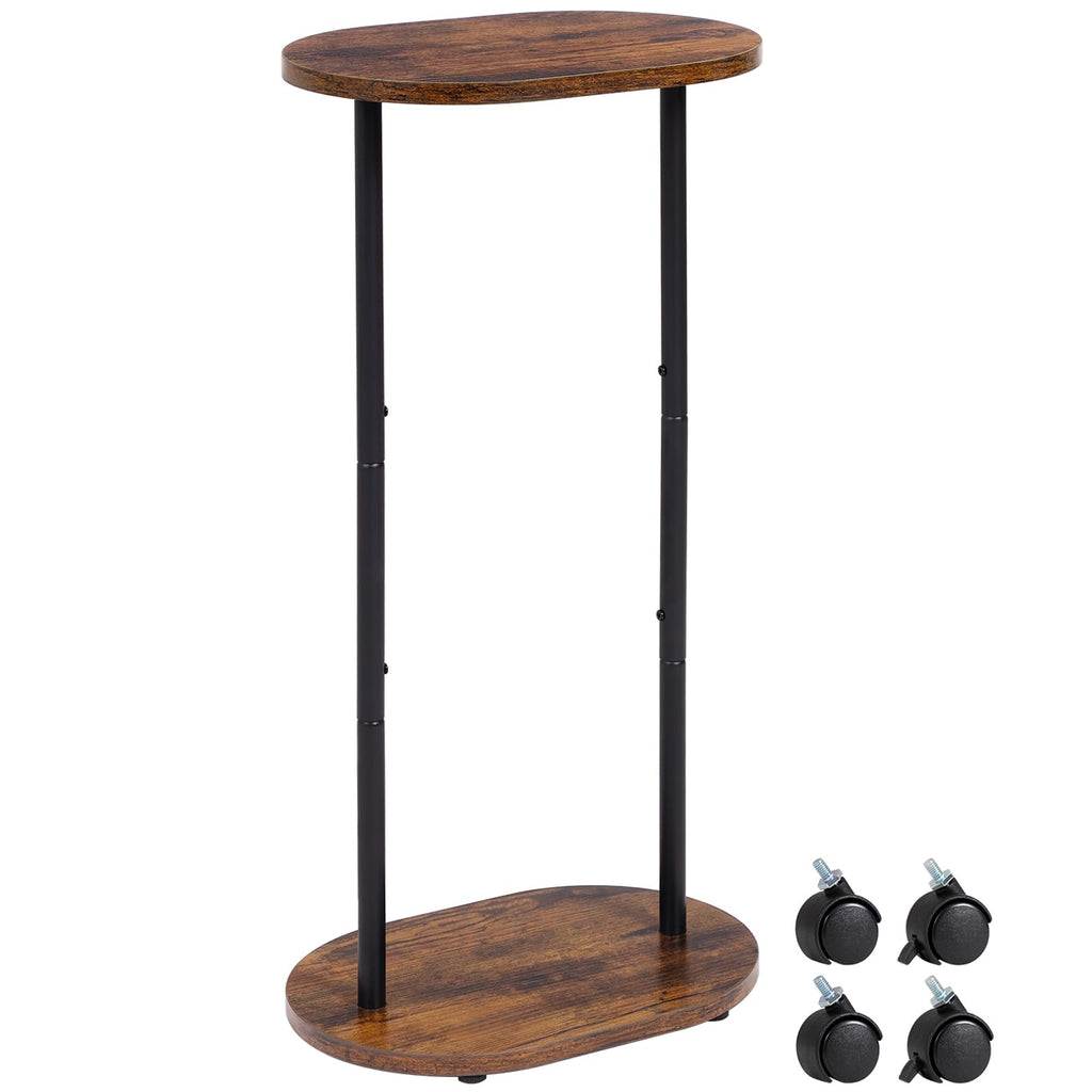 Narrow Side Table, 2-Tier Oval Drink End Table with Wheels for Living Room, Skinny Nightstand for Small Spaces, Bedroom, Bathroom, Black, HETNR01BK-1