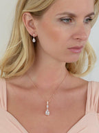 Mariell Bridal Wedding Necklace Earrings Set, Rose Gold CZ Pendant and Drop Earring for Bride, Bridesmaid