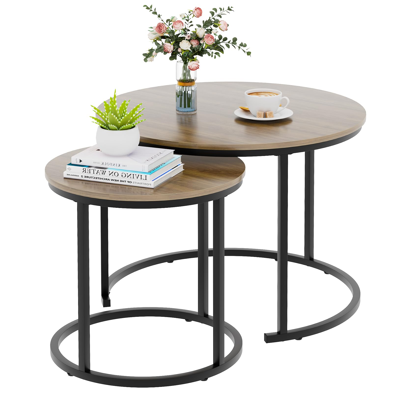 VILAWLENCE Coffee Table Nesting Set of 2 Round End Table Accent Side Stacking Tables Black Wood with Sturdy Metal Frame, Modern Living Room Table Sets Industrial Nightstand